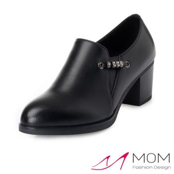 【MOM】踝靴 高跟踝靴 /真皮美鑽串珠時尚深口高跟踝靴 黑