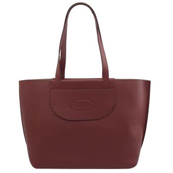 TODS 經典烙印LOGO素面牛皮肩背托特包.深紅