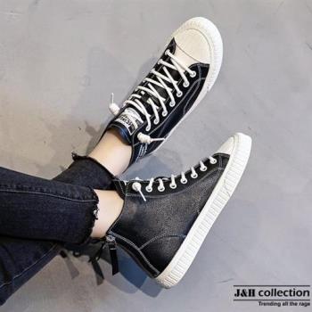 【J&H collection】街頭真皮拉鏈平底高筒休閒鞋(現+預  米色 / 黑色)