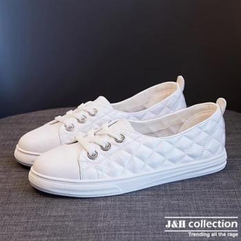 【J&H collection】百搭菱格紋羊皮休閒平底小白鞋(現+預  白色)