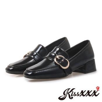 【KissXXX】跟鞋 粗跟鞋/小方頭個性8字金屬釦環粗跟鞋(黑)