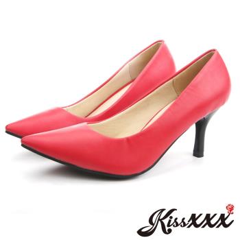 【KissXXX】跟鞋 高跟鞋/低反發舒適感美腿效果7CM小尖頭高跟鞋(紅)