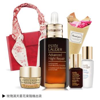 ESTEE LAUDER 雅詩蘭黛 品牌明星熱銷禮盒組[修護露100ml+原生露+無敵霜]+玫瑰花束