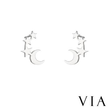 【VIA】星空系列 星月相連造型白鋼耳釘 造型耳釘 鋼色