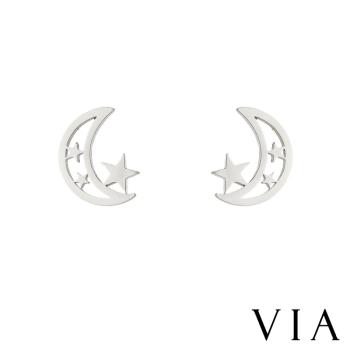 【VIA】星空系列 月亮星星縷空線條造型白鋼耳釘 造型耳釘 鋼色