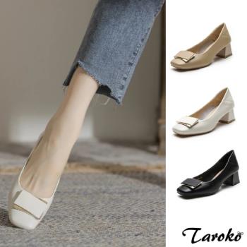 【Taroko】目光焦點全真羊皮方頭粗高跟鞋(3色可選)