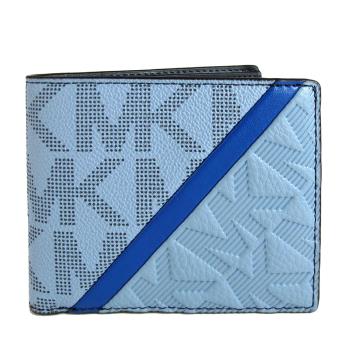 MICHAEL KORS 防潑水LOGO皮革條飾雙折式短夾(藍色)