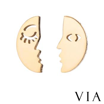 【VIA】個性系列 不對稱人臉造型白鋼耳釘 造型耳釘金色