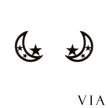【VIA】星空系列 月亮星星縷空線條造型白鋼耳釘 造型耳釘 黑色