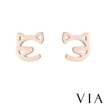 【VIA】動物系列 貓咪線條造型白鋼耳釘 造型耳釘玫瑰金色