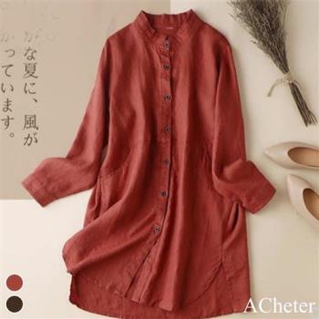 【ACheter】日系立領棉麻休閒顯瘦長襯衫#111119