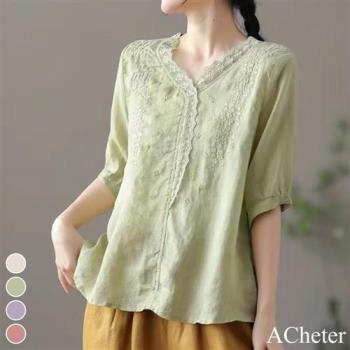 【ACheter】日系棉麻蕾絲刺繡V領氣質寬鬆上衣#112469