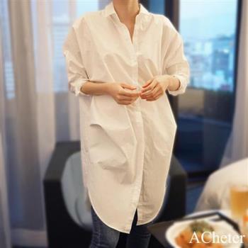【ACheter】韓版氣質寬鬆BF風純白外搭長版長袖襯衫上衣#113828
