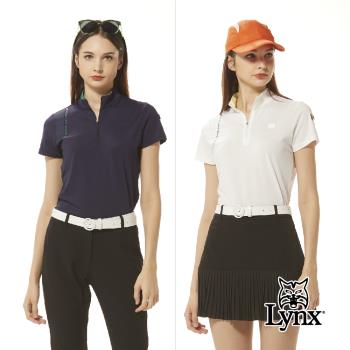 【Lynx Golf】首爾高桿風格！女款合身版吸排抗UV側邊配布剪裁左肩織帶造型短袖立領POLO衫/高爾夫球衫(二色)