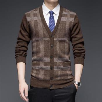 【米蘭精品】羊毛衫針織外套-V領拼色格子修身男外套6色74dp10