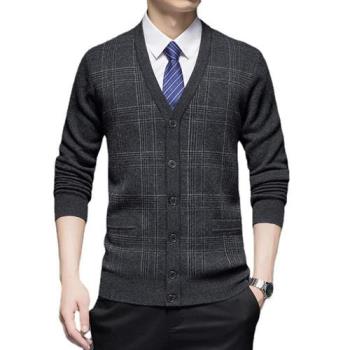 【米蘭精品】羊毛衫針織外套-格紋V領加厚修身男外套3色74dp6