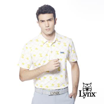 【Lynx Golf】男款吸汗速乾機能菱格紋拼圖造型Lynx繡花短袖POLO衫-白色