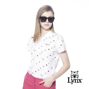 【Lynx Golf】女款吸汗速乾機能網眼材質羅紋領造型高爾夫圖樣印花短袖POLO衫-白色