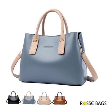 【Rosse Bags】歐美素面簡約多夾層手提包(現+預 黑色／卡其色／藍色／棕色)