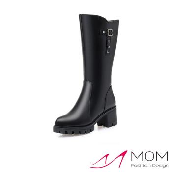 【MOM】中筒靴 低跟中筒靴/質感鉚釘造型保暖粗低跟中筒靴 黑