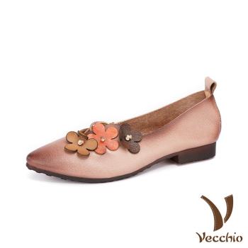 【VECCHIO】跟鞋 尖頭跟鞋/全真皮頭層牛皮尖頭V口立體花朵時尚跟鞋 杏
