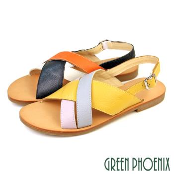 GREEN PHOENIX 女 涼鞋 全真皮 平底 交錯線條 台灣製U33-22301