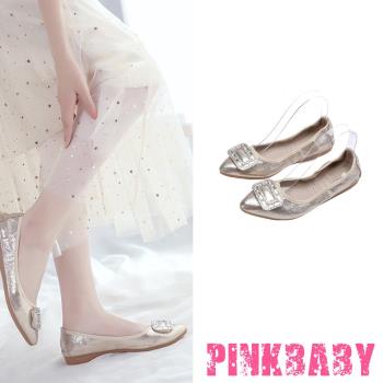 【PINKBABY】平底鞋 蛋捲鞋/小尖頭貼鑽方釦造型軟底平底鞋 蛋捲鞋 金