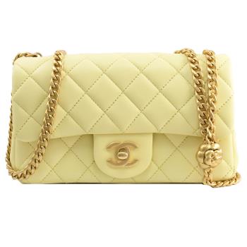 CHANEL AS4041 Mini Flap 經典雙C 山茶花金球斜背金鍊包.淺黃 20CM