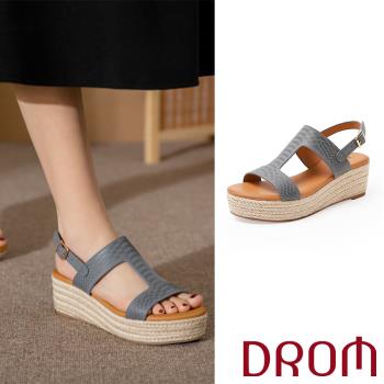 DROM 涼鞋 厚底涼鞋 歐美復古時尚工字皮紋草編坡跟厚底涼鞋 灰