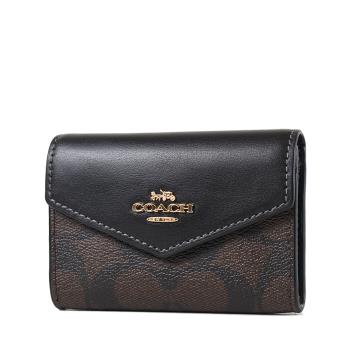 COACH 防刮皮革翻蓋信封釦式零錢包/卡包-咖啡色