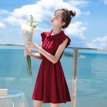 紅色雪紡娃娃領小飛袖連衣裙女2023新款夏季潮牌法式收腰背心裙子