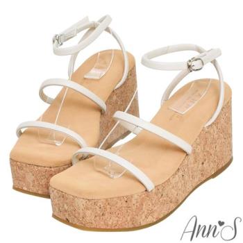 Ann’S水洗牛皮-8cm防前衝厚底！「柔軟三條帶」美腿系輕量楔型涼鞋-白