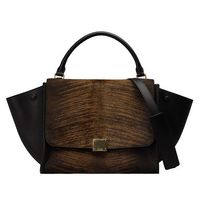 CELINE 專櫃新款TRAPEZE動物紋馬毛拼接小牛皮手提/肩背包(咖啡X黑169543RTE)