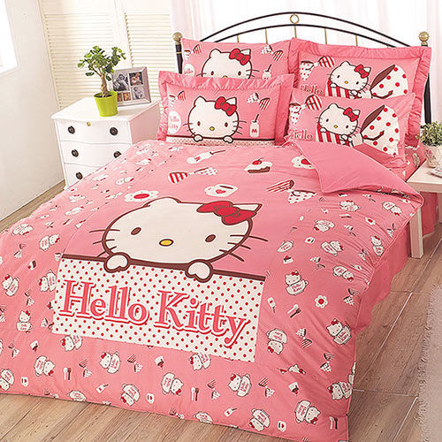 【享夢城堡】HELLO KITTY 時尚茶點系列-單人純棉三件式床包兩用被組(粉.灰)