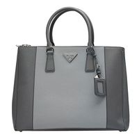 PRADA Saffiano Lux三角浮雕LOGO防刮小牛皮雙色拉鍊手提包(深灰X灰B1786C)