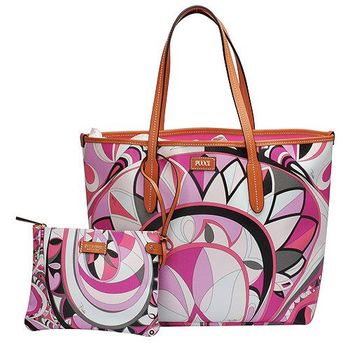 EMILIO PUCCI 經典幾何印花牛皮飾邊PVC子母購物包(中-粉紅-附萬用小袋)41BE15