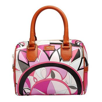 EMILIO PUCCI 經典幾何印花牛皮飾邊PVC手提波士頓包(粉紅)41BC72