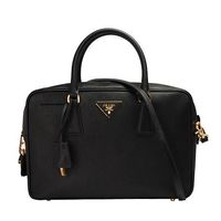 PRADA Saffiano Lux經典三角浮雕LOGO牛皮拉鍊手提/斜背鎖頭包(小-黑)BL0095-NERO