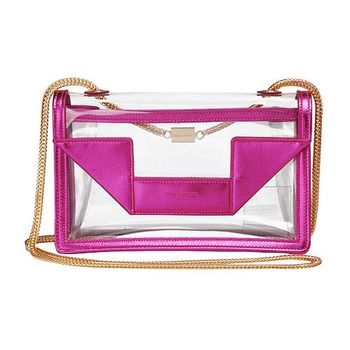 YSL 經典MINI BETTY BAG系列小羊皮飾邊透明PVC金鍊肩背包(金屬紫紅)314516-1689