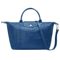 LONGCHAMP LE PLIAGE CUIR 混羊皮短把手提/斜背包(中-藍色)
