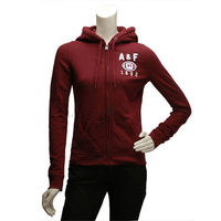 Abercrombie Fitch 刺繡字母AF內刷毛拉鍊帽T外套(女-酒紅-XS)