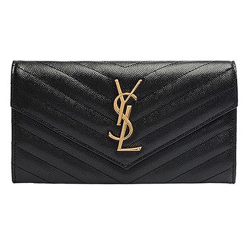 YSL MONOGRAM系列V字縫線魚子醬牛皮金屬LOGO暗釦手拿長夾(黑)