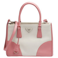 PRADA Saffiano Lux三角浮雕LOGO拼色防刮牛皮手提/斜背包(白X粉紅)