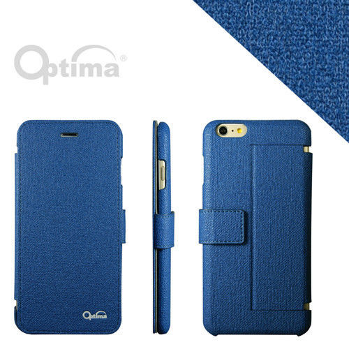 Optima iPhone 6 Plus側掀站立型皮套 義大利皮革亞麻系列-藍色