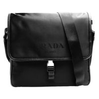 PRADA TESSUTO SAFFI經典織紋LOGO金屬釦牛皮飾邊尼龍斜背包(黑)