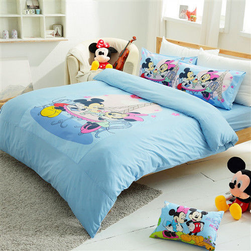 HO KANG 卡通授權 混紗單人三件式床包被套組-甜蜜米奇藍