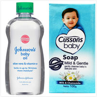 【美國 Johnsons 嬌生】嬰兒潤膚油-蘆薈清爽(14oz/414ml)*3+CUSSONS佳霜嬰兒香皂(100g)藍色*36