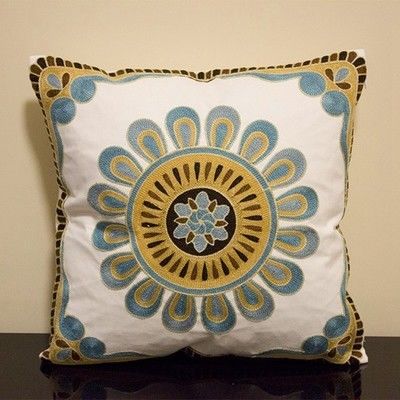 【協貿】時尚民族風棉麻花紋刺繡太陽花綠方形抱枕含芯