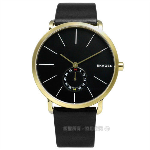 SKAGEN / SKW6217 / Hagen 簡約俐落曲線輕薄真皮腕錶 黑x金框 40mm