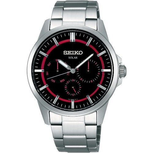 SEIKO 時尚型男太陽能全日曆腕錶-黑桃紅(SBPV909J)